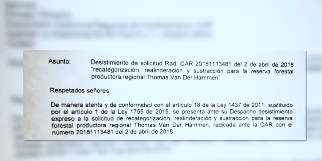 Carta donde se pide a la CAR desistir de la recategorización, realineación y sustracción de la reserva Thomas Van Der Hammen. 