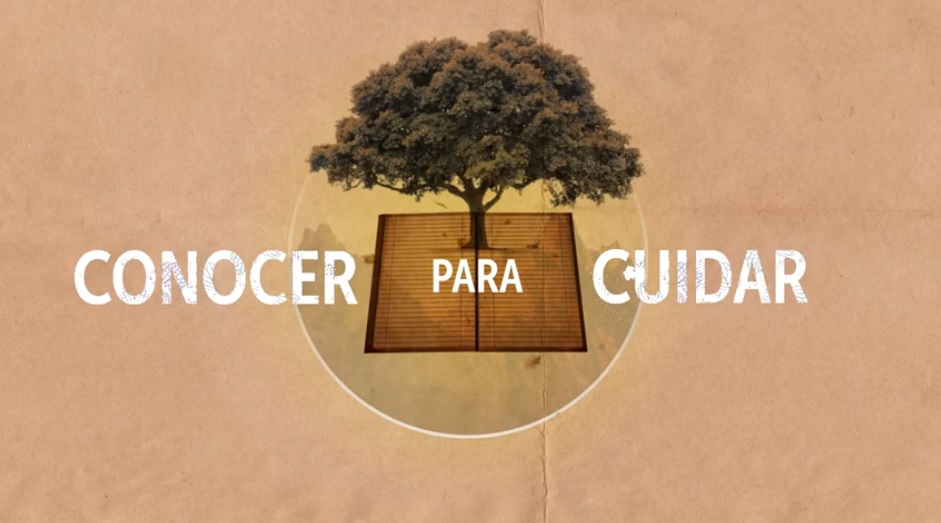 Ilustración de un libro y un árbol que dice Conocer para cuidar 