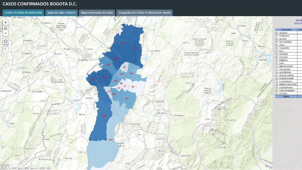 Mapa de coronavirus (COVID-19) en Bogotá. 