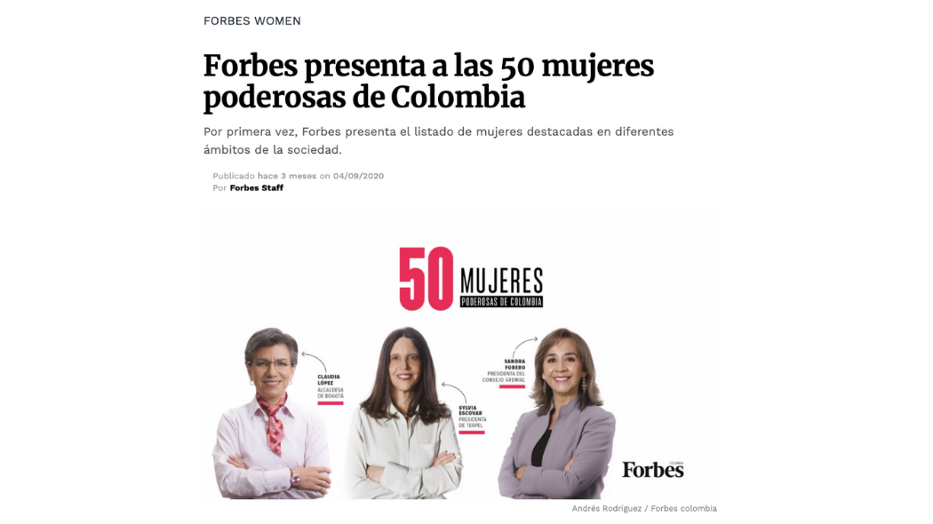 Claudia López una de las 50 mujeres poderosas de Colombia en 2020, según Forbes