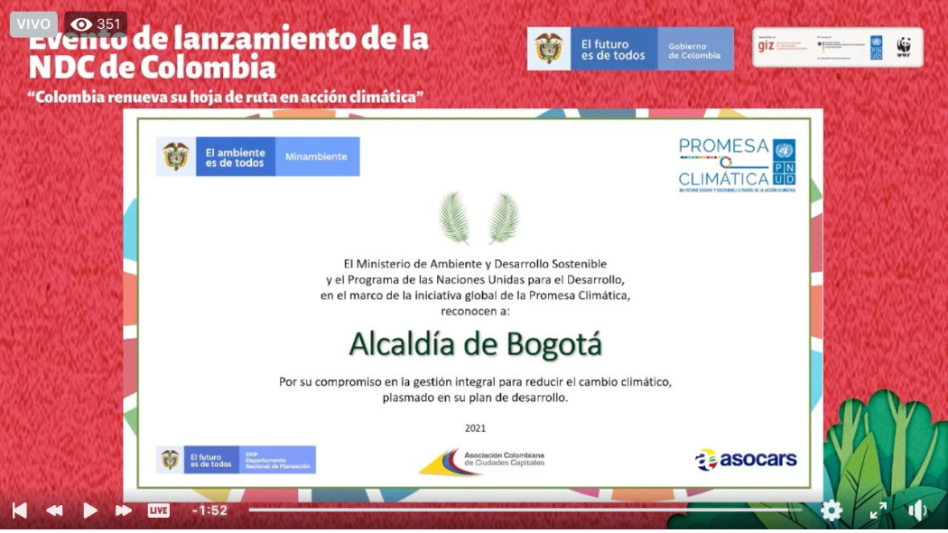 El Plan de Desarrollo de Bogotá recibe reconocimiento de PNUD como Promesa Climática ambiciosa para Colombia por sus estrategias frente al cumplimiento de los Objetivos de Desarrollo Sostenible 