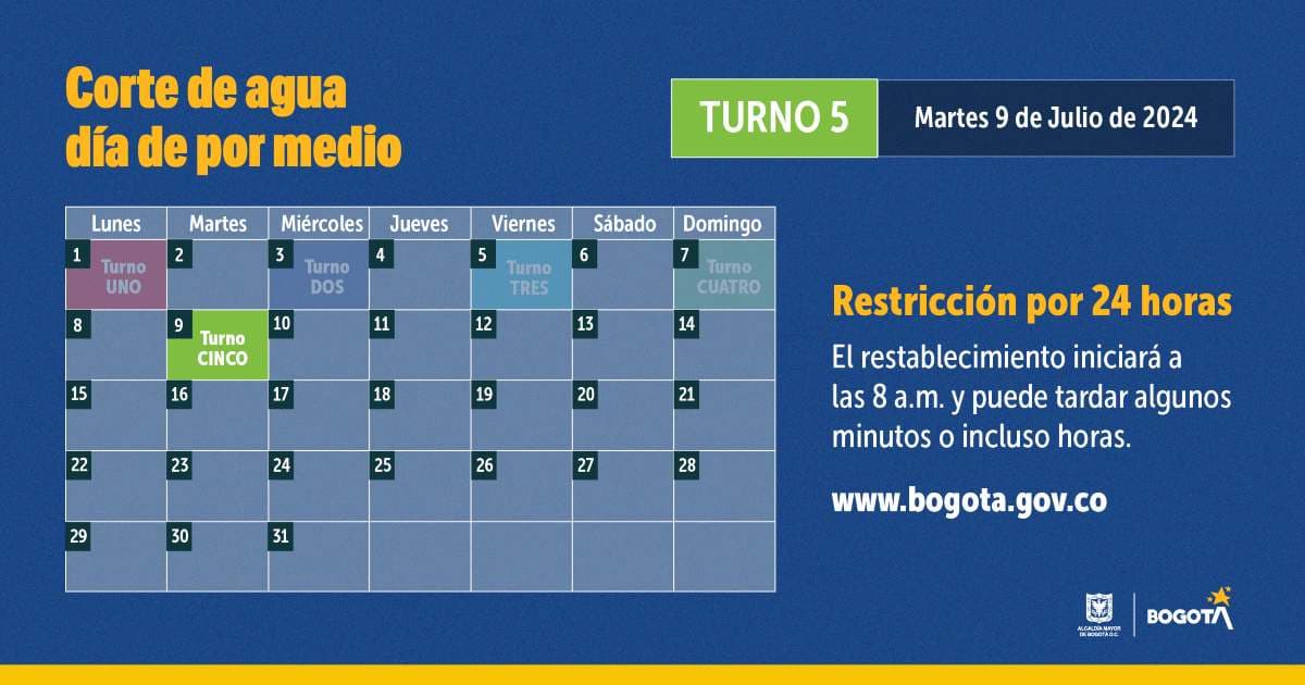 Racionamiento de agua en Bogotá para el martes 9 de julio de 2024 