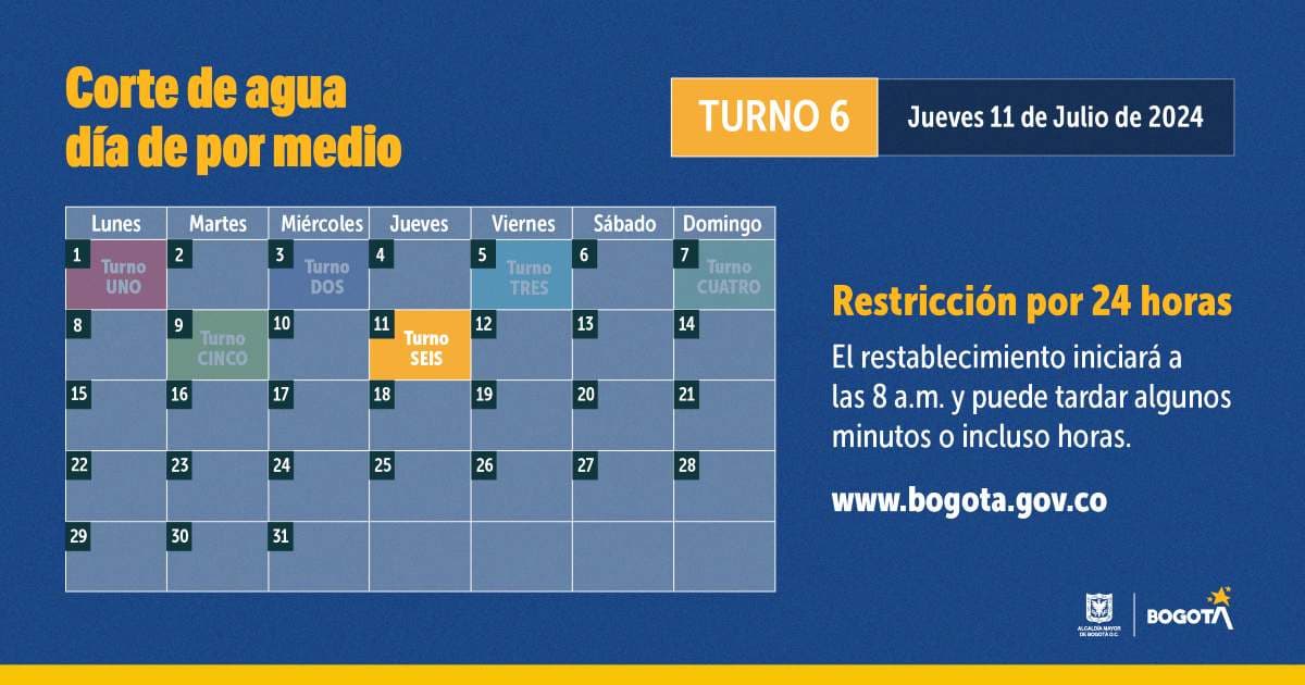 Racionamiento de agua en Bogotá para el jueves 11 de julio de 2024 