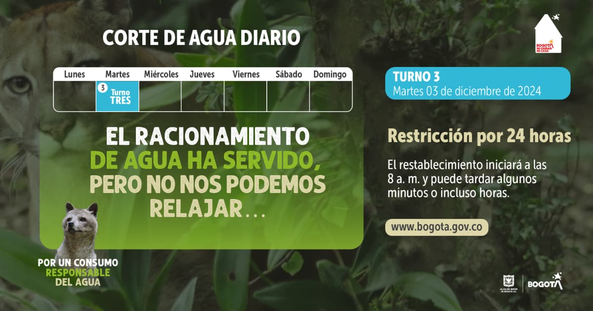 Racionamiento de agua en Bogotá martes 3 de diciembre de 2024 