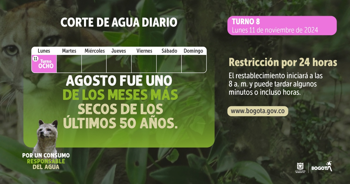 Racionamiento de agua en Bogotá y La Calera lunes 11 de noviembre 2024