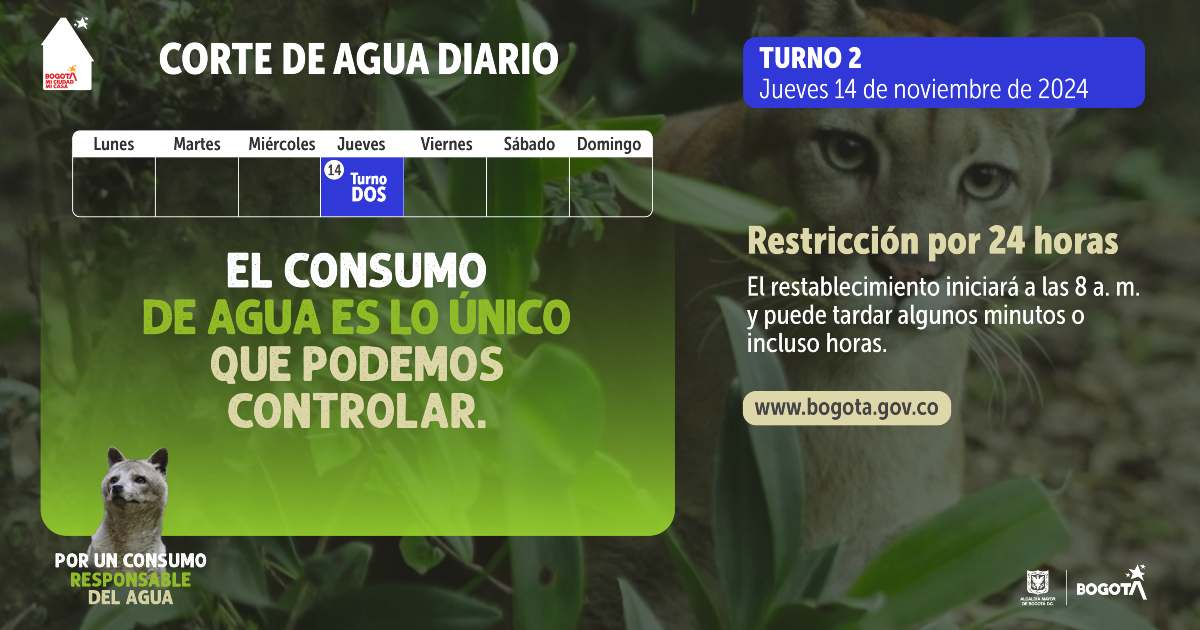 Racionamiento de agua en Bogotá y Cota jueves 14 de noviembre 2024