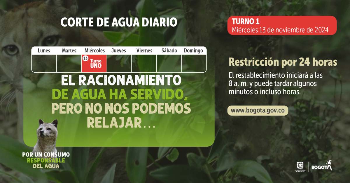 Racionamiento de agua en Bogotá miércoles 13 de noviembre 2024 