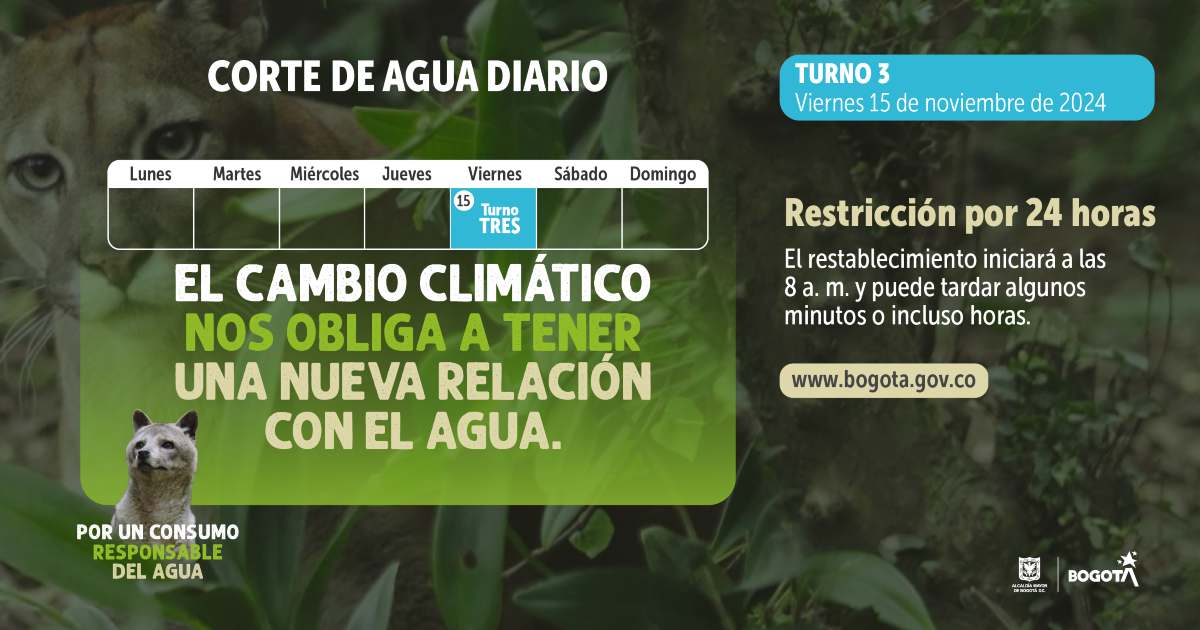 Racionamiento de agua en Bogotá viernes 15 de noviembre 2024 