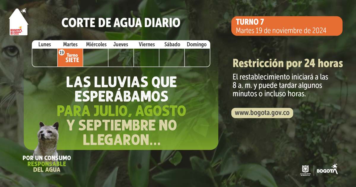 Racionamiento de agua en Bogotá, Funza, Madrid martes 19 de noviembre