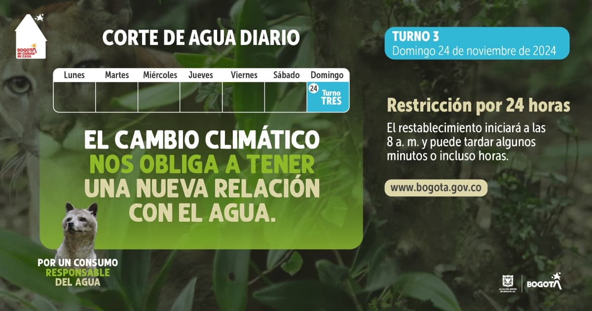 Racionamiento de agua en Bogotá domingo 24 de noviembre 2024 