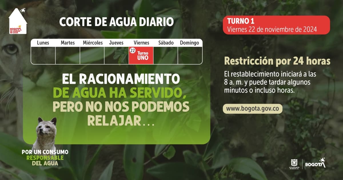 Racionamiento de agua en Bogotá viernes 22 de noviembre 2024 