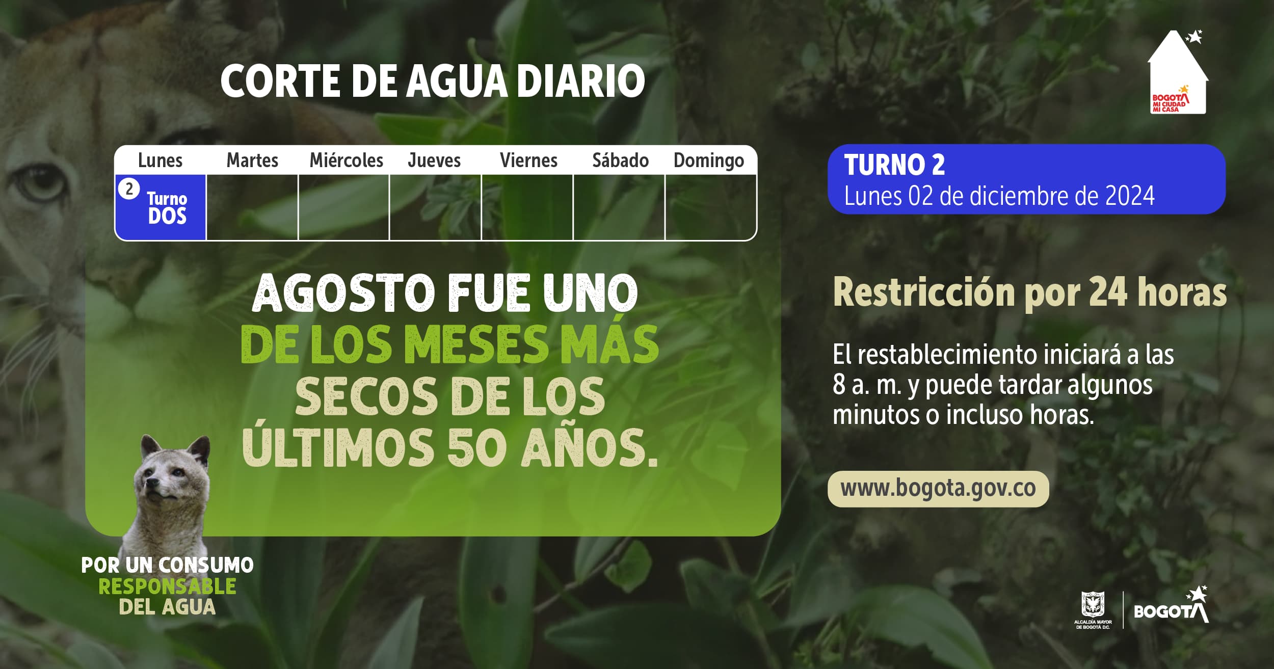 Racionamiento de agua en Bogotá y Cota lunes 2 de diciembre de 2024