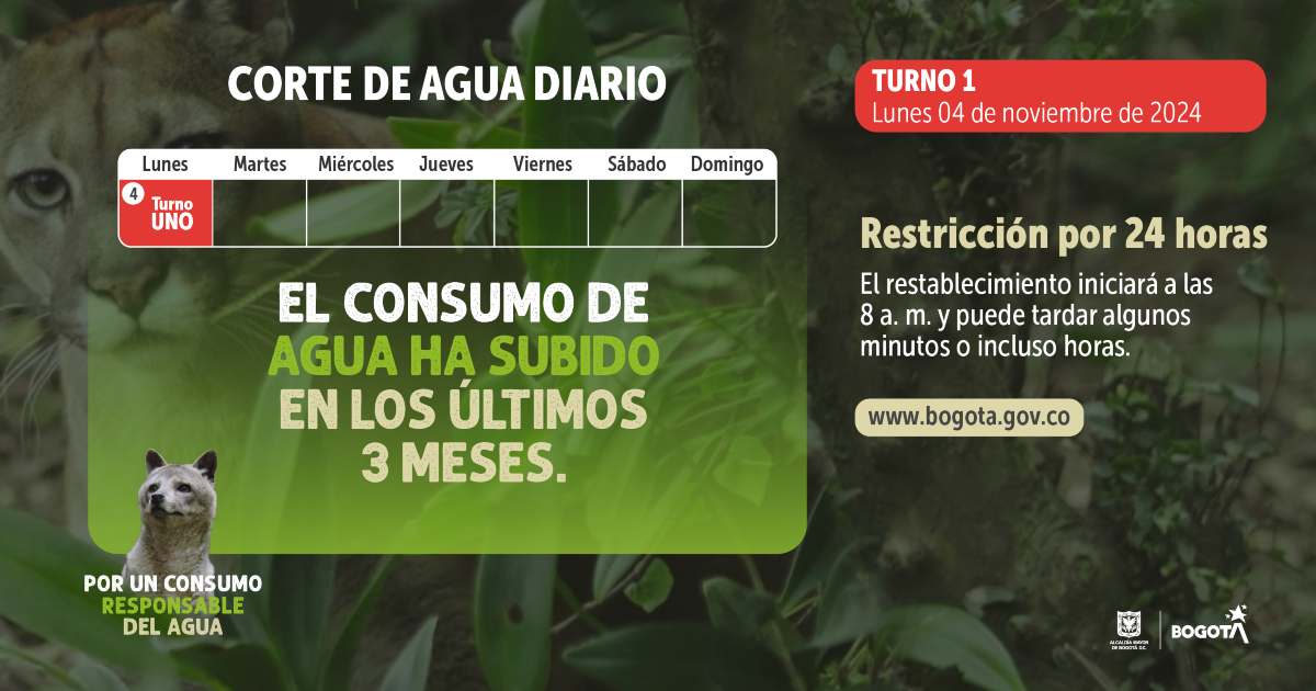 Racionamiento de agua en Bogotá lunes 4 de noviembre 2024 