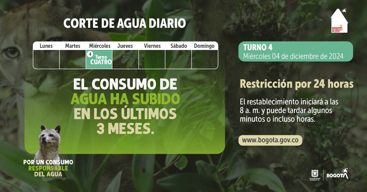 Racionamiento de agua en Bogotá y Soacha miércoles 4 diciembre 2024 