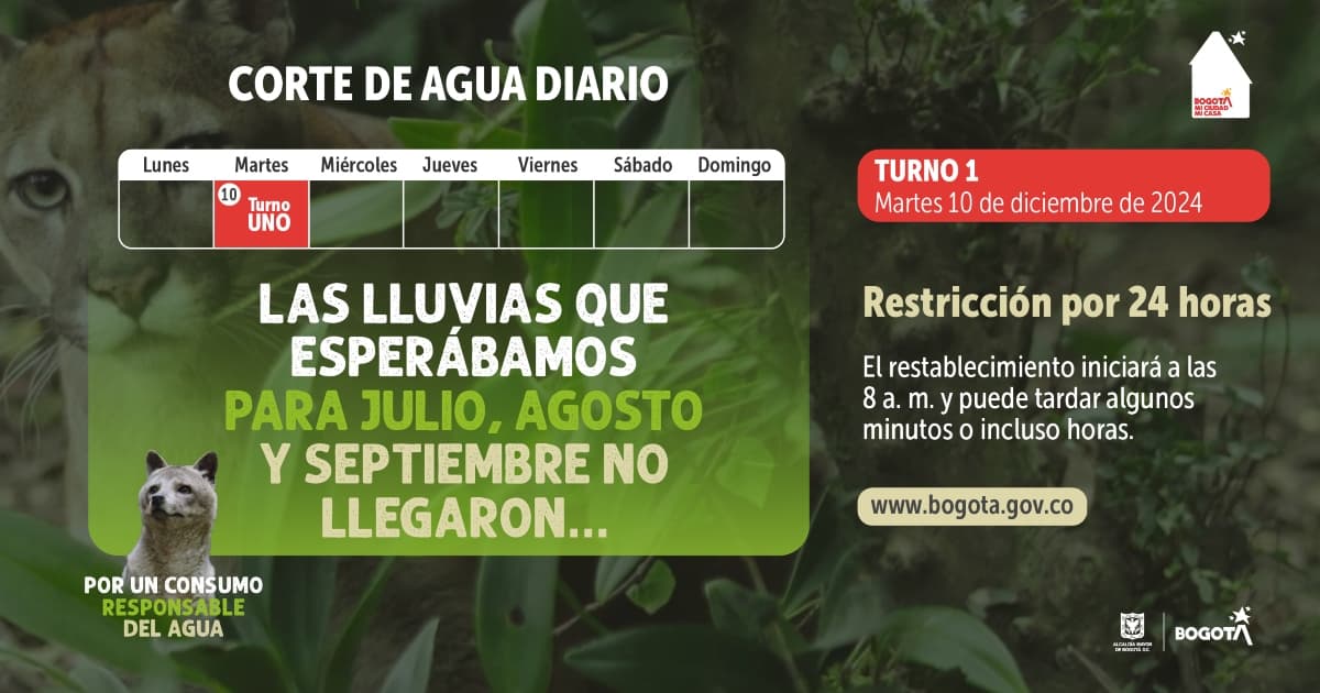 Racionamiento de agua en Bogotá martes 10 de diciembre de 2024 