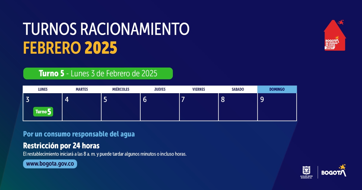 Racionamiento de agua en Bogotá lunes 3 de febrero de 2025