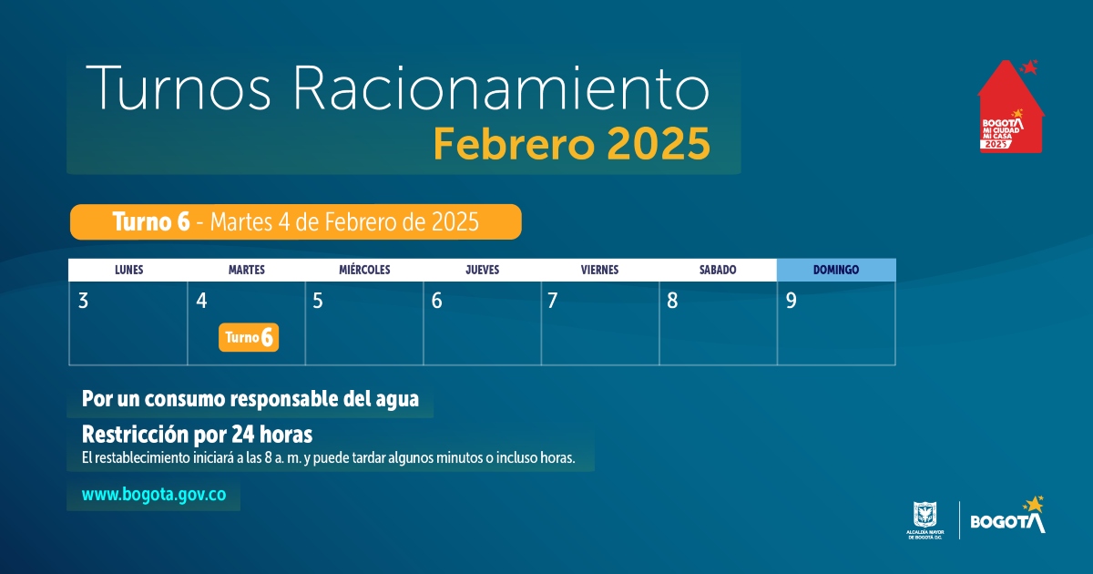 Racionamiento de agua en Bogotá y Soacha martes 4 de febrero de 2025 