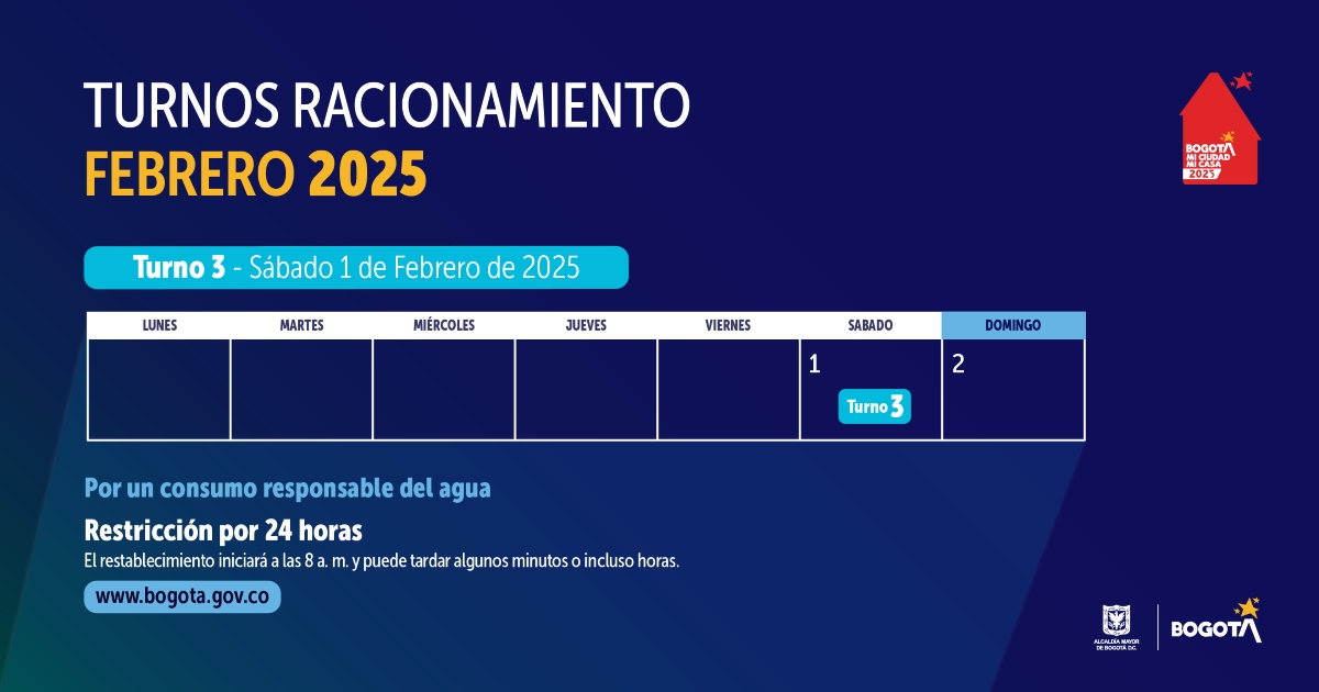 Racionamiento de agua en Bogotá sábado 1 de febrero de 2025 