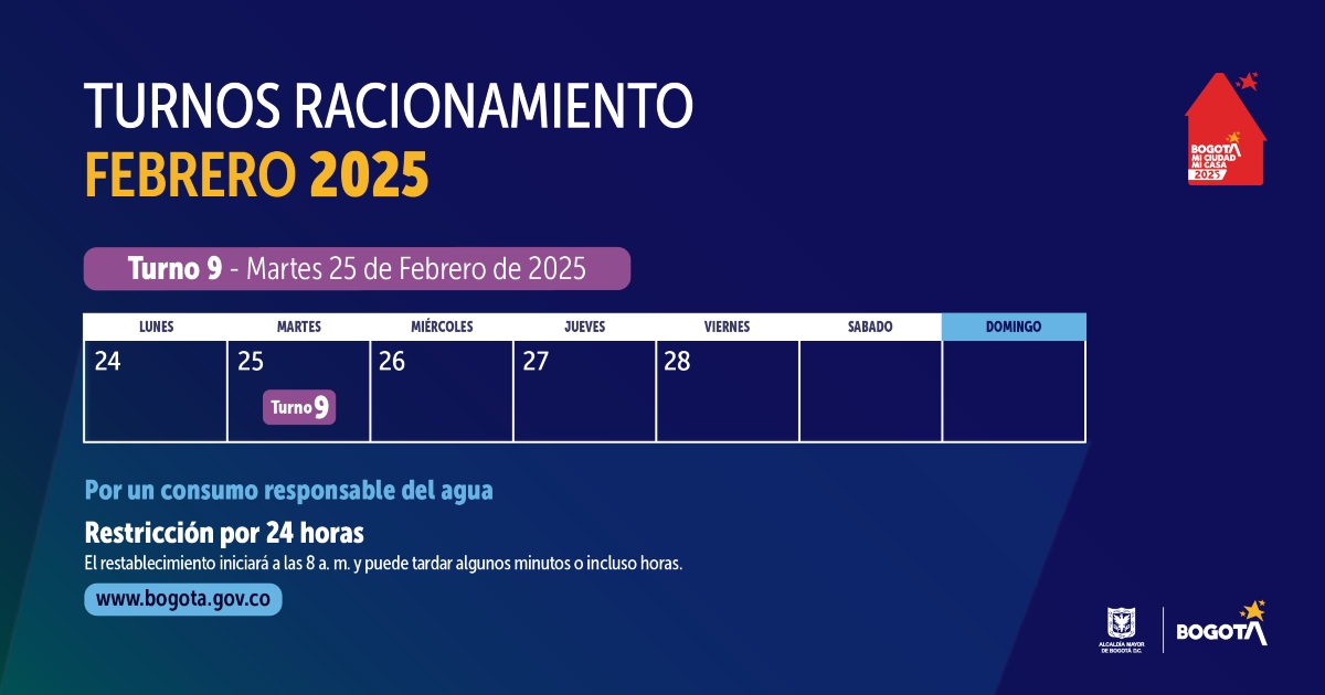 Racionamiento de agua en Bogotá, Chía, Sopó martes 25 de febrero 2025