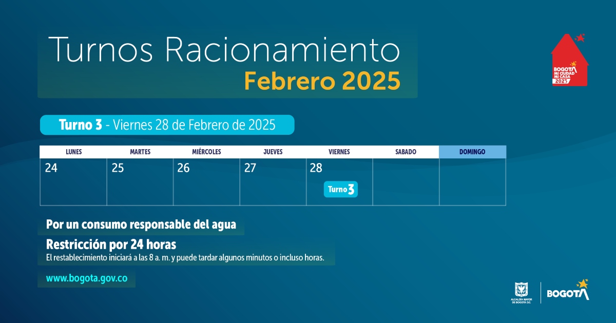 Racionamiento de agua en Bogotá viernes 28 de febrero de 2025 