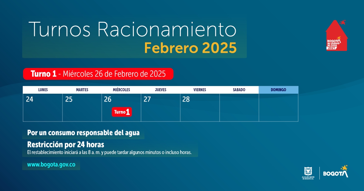 Racionamiento de agua en Bogotá miércoles 26 de febrero de 2025 