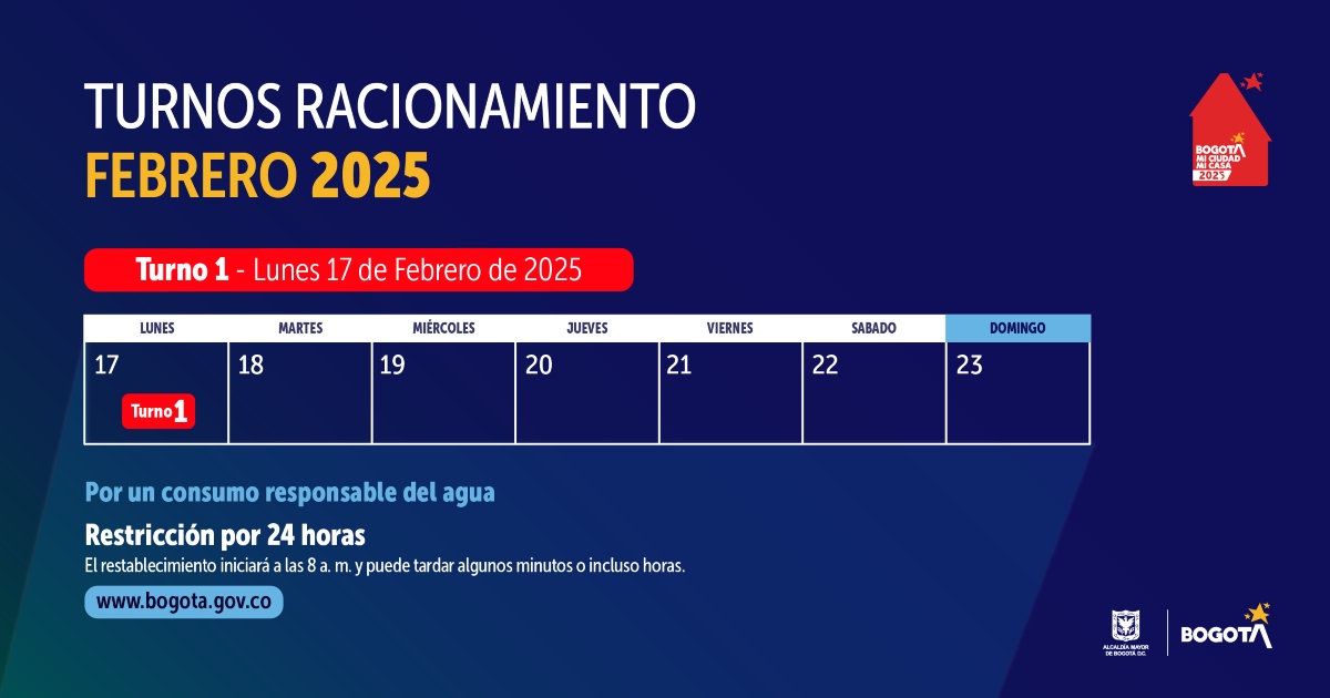 Racionamiento de agua en Bogotá lunes 17 de febrero de 2025 