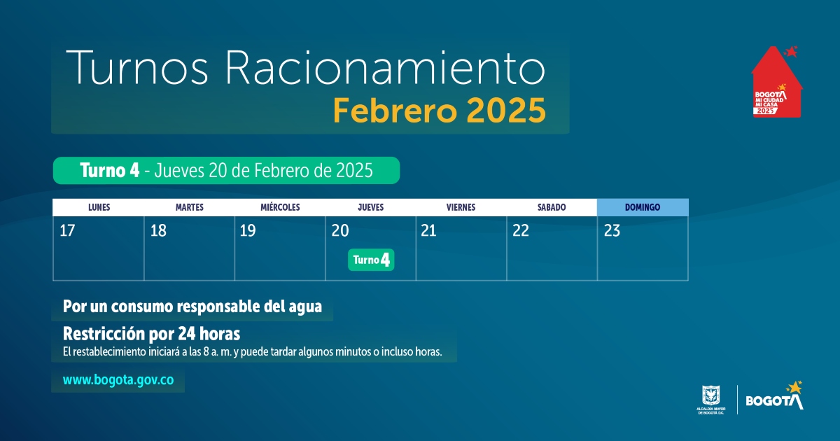 Racionamiento de agua en Bogotá y Soacha jueves 20 de febrero de 2025 