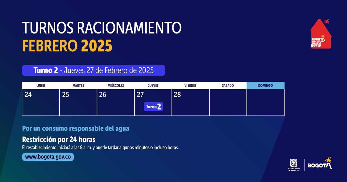 Racionamiento de agua en Bogotá y Cota jueves 27 de febrero de 2025