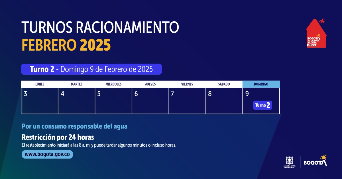 Racionamiento de agua en Bogotá y Cota domingo 9 de febrero de 2025