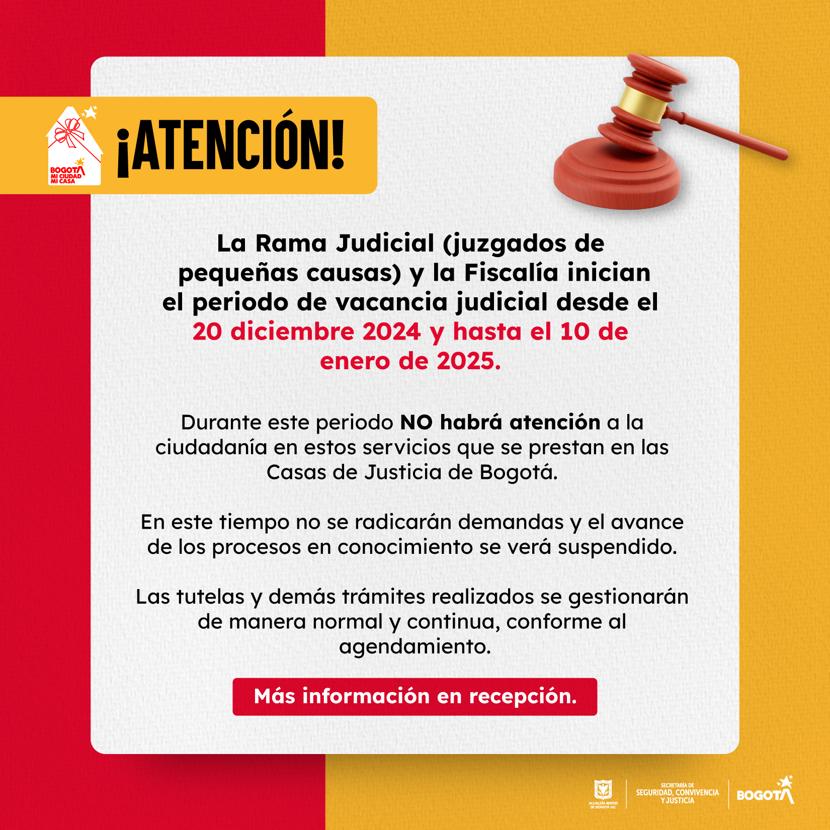 Horarios de atención Vacancia Judicial Diciembre 2024