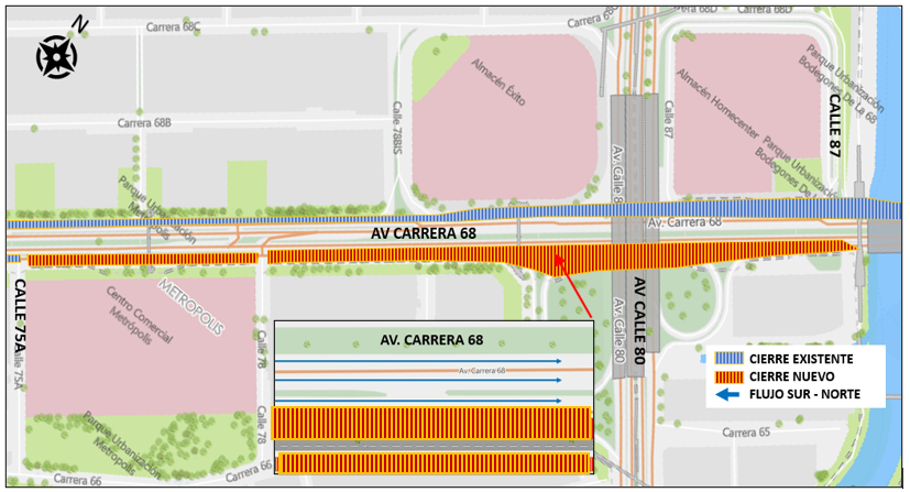 Cierre de la calzada lenta en la av. carrera 68 entre calles 75A y 87 