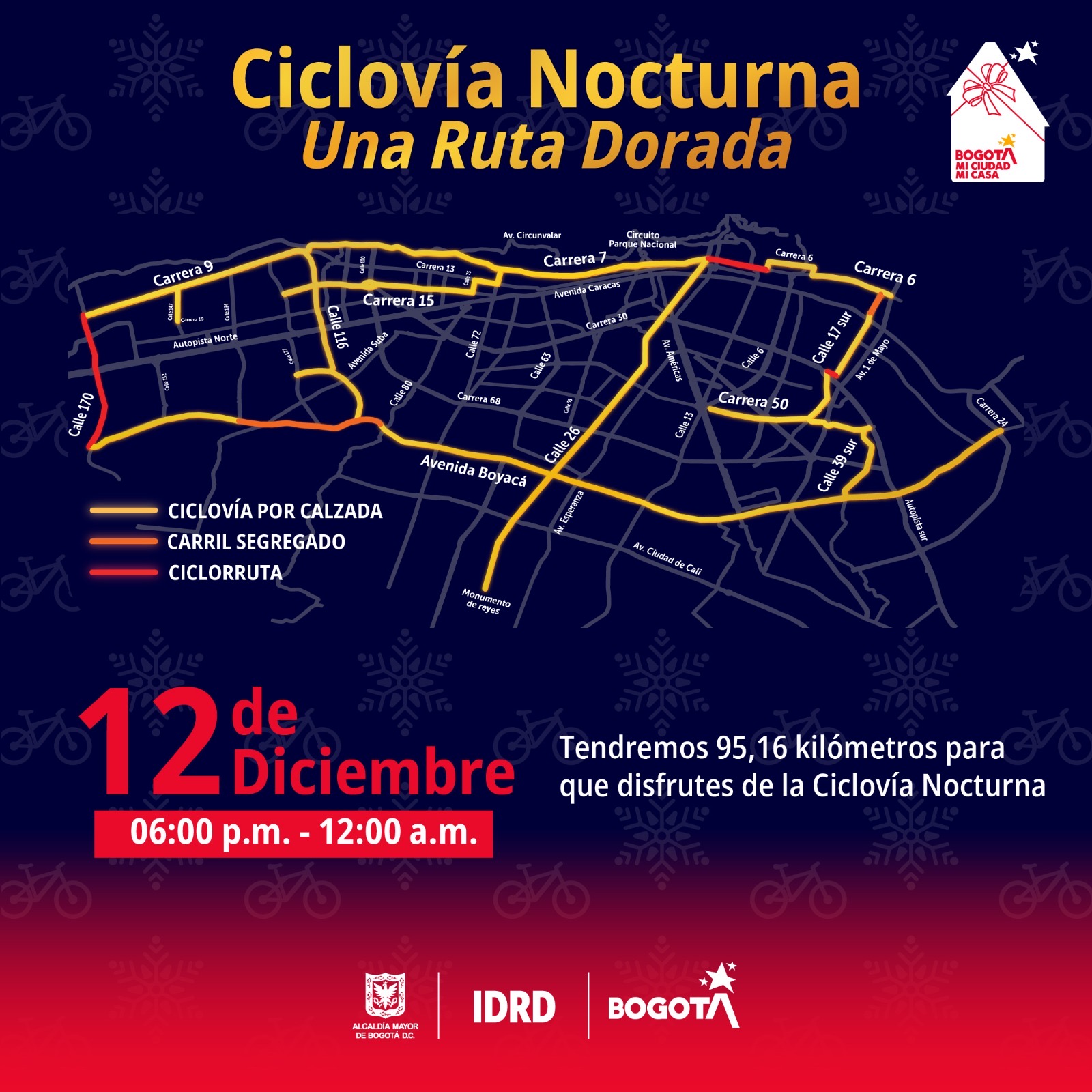 Rutas Ciclivia Nocturna de Navidad en Bogotá hoy jueves 12 de diciembre de 2024