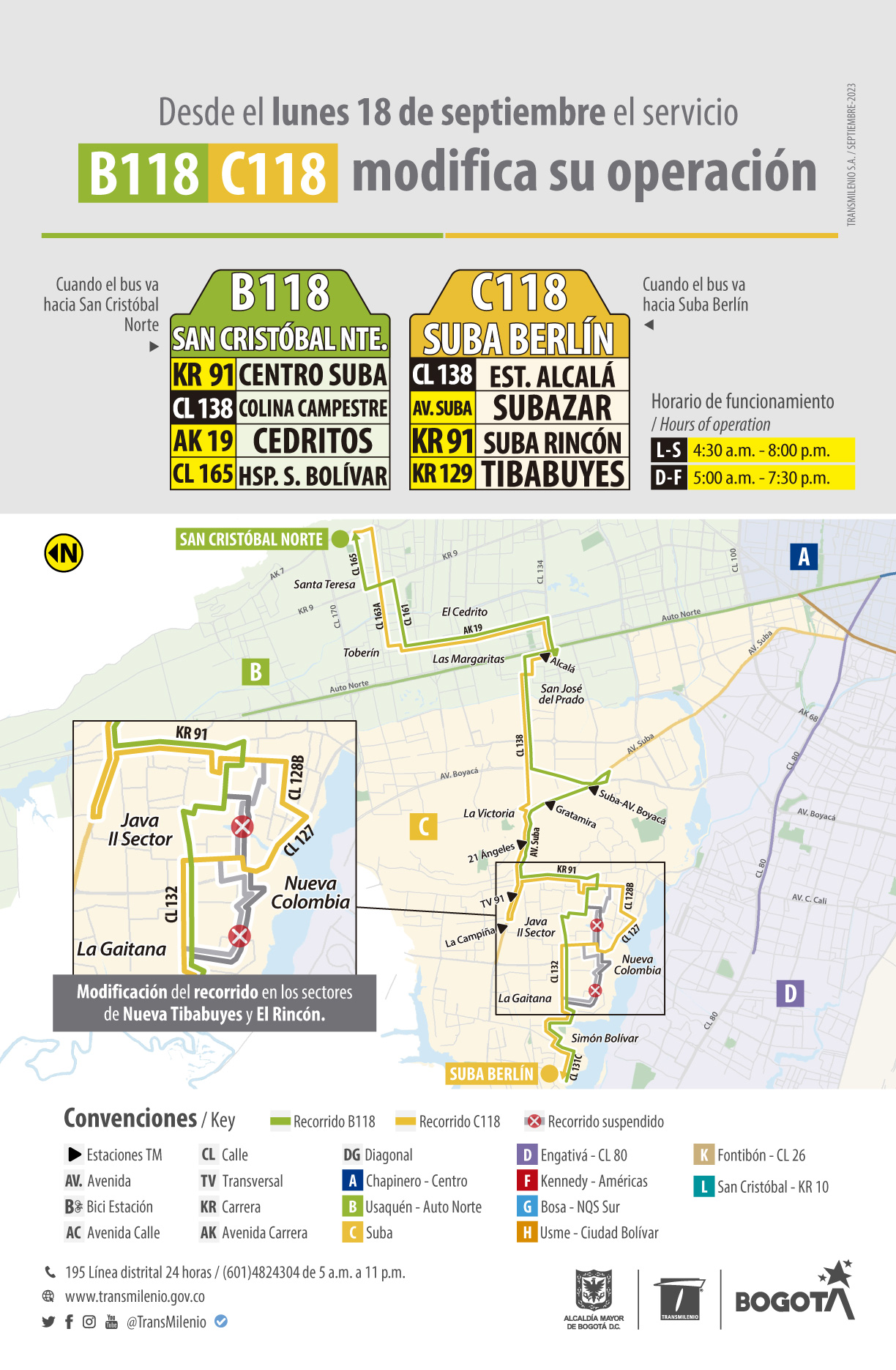 Ruta B118 San Cristóbal Norte-C118 Suba Berlín modifica su operación