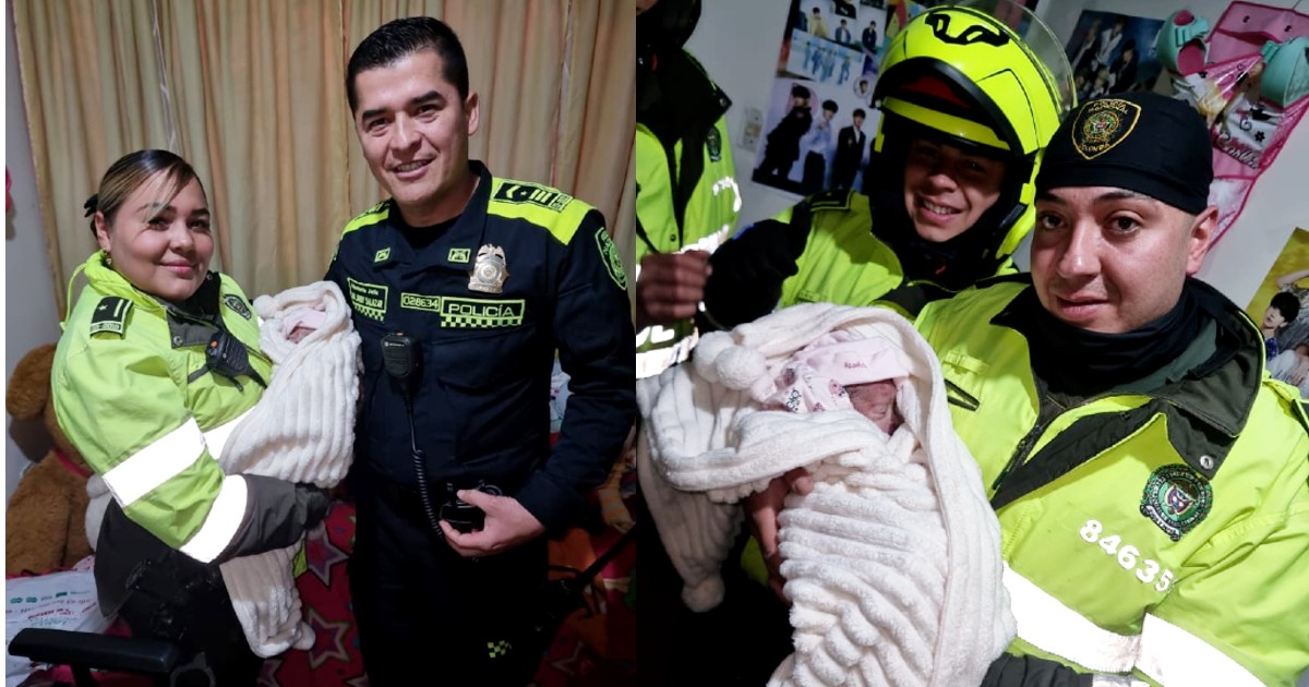 El teniente Salazar junto a su equipo de patrulleros cargando al bebé.