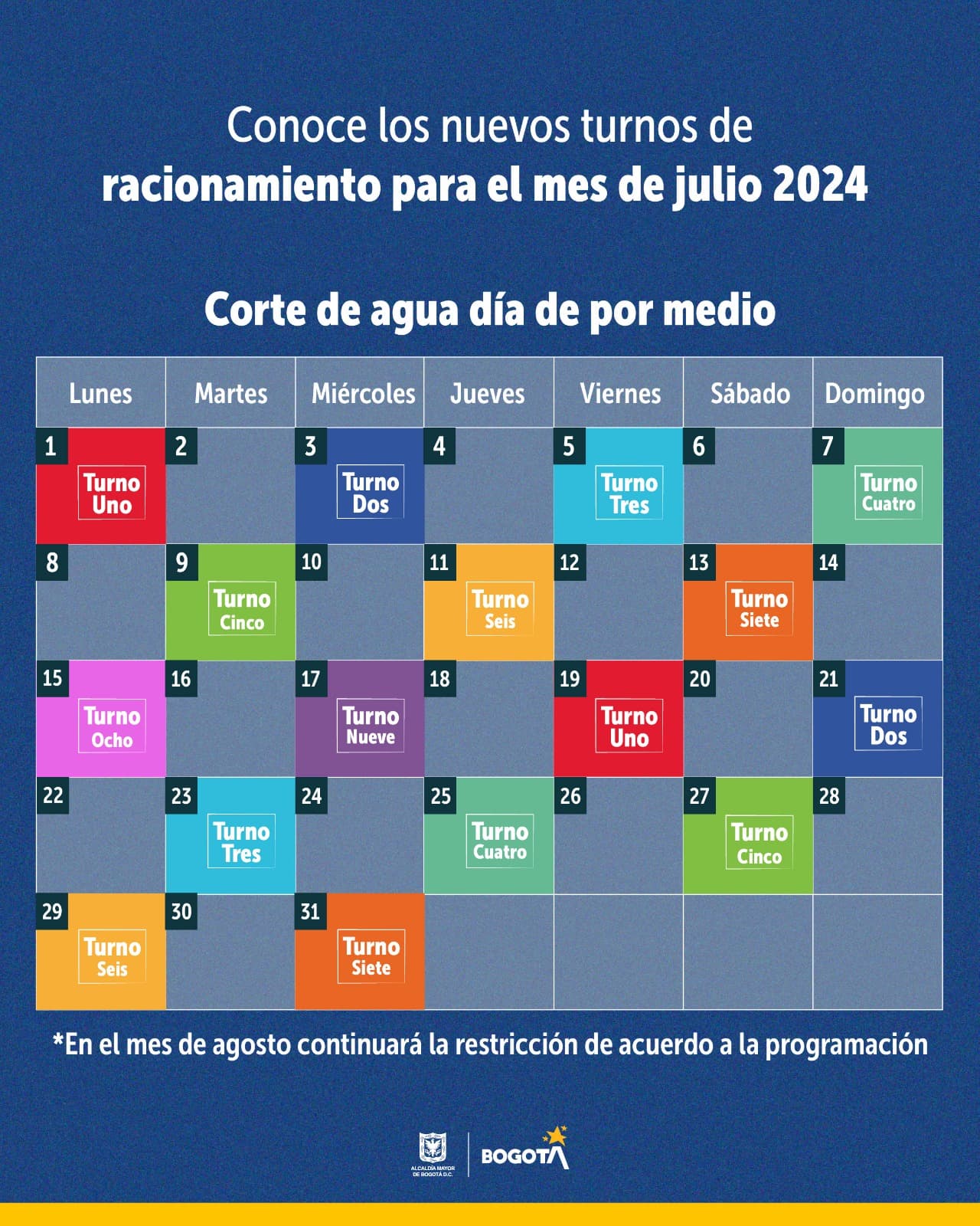 Calendario de racionamientos de agua en Bogotá y municipios aledaños 1 al 31 de julio de 2024