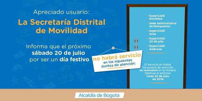 El 20 de julio no habrá actividades en los puntos de la Secretaría de Movilidad