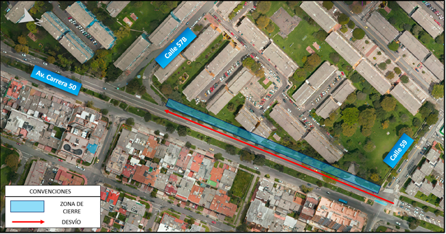 Cierre del andén occidental en la av carrera 50 entre calles 59 y 57b