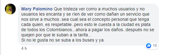 Comentario de rechazo de una usuaria de Facebook sobre los daños en Transmilenio