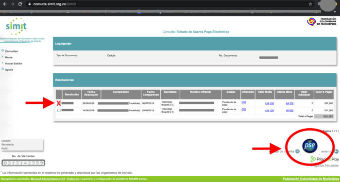 comparendos desplegados en la plataforma SIMIT