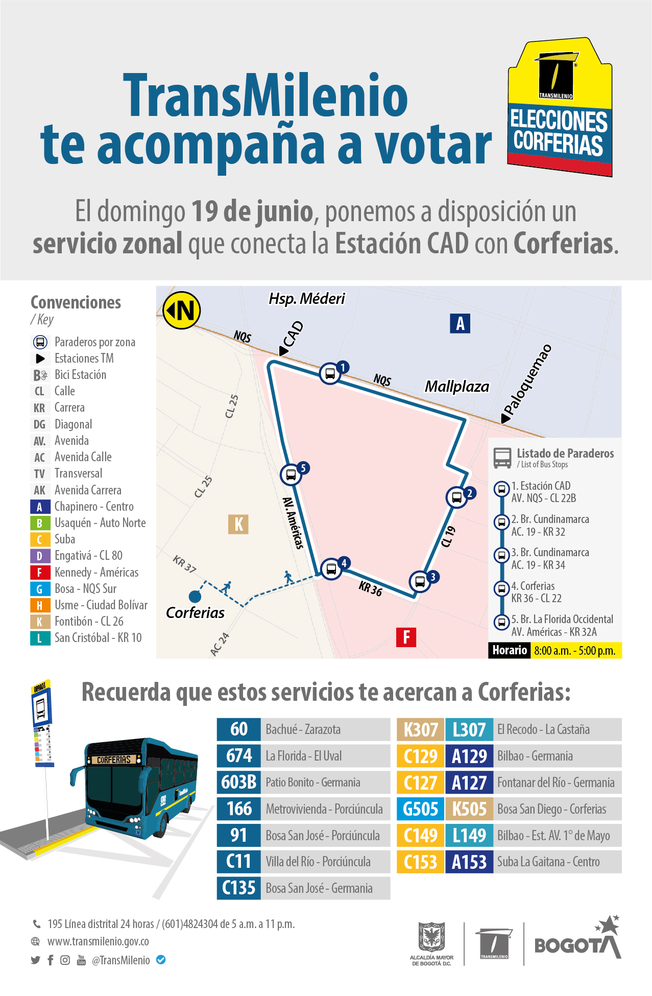 Paraderos y recorrido de la ruta Corferias para votar el 19 de junio 