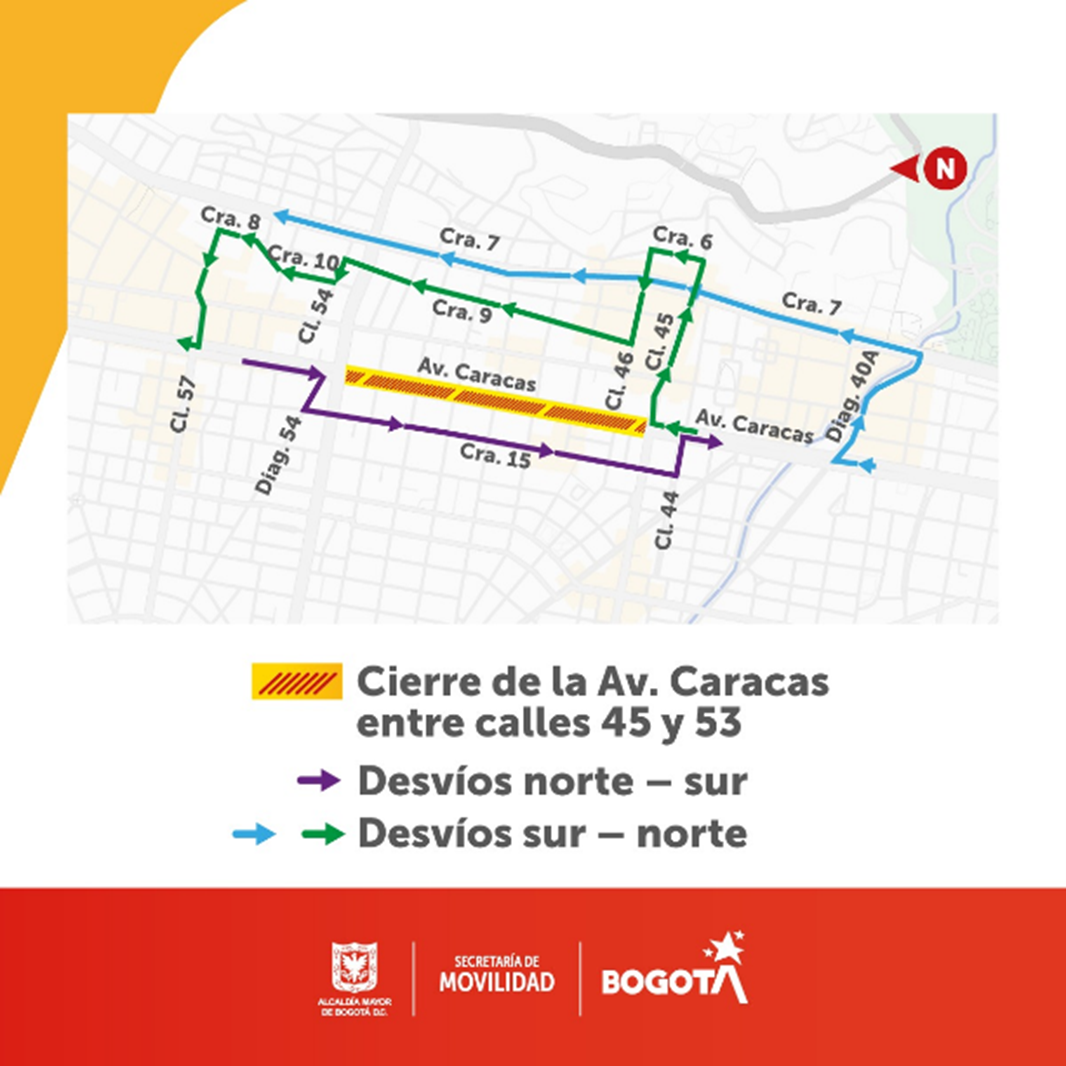 Obra Metro Bogotá desvíos en avenida Caracas entre calles 45 y 53