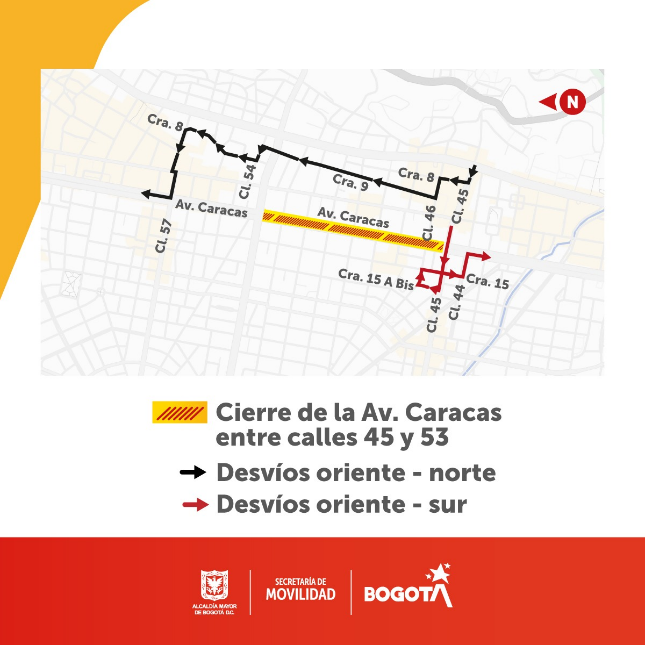 Obra Metro Bogotá desvíos en avenida Caracas entre calles 45 y 53