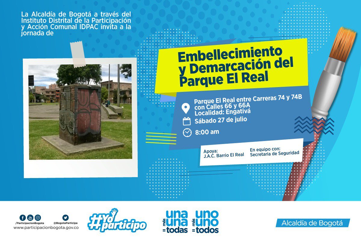 Volante oficial de invitación a la jornada de embellecimiento del barrio El Real en la localidad de Engativá 