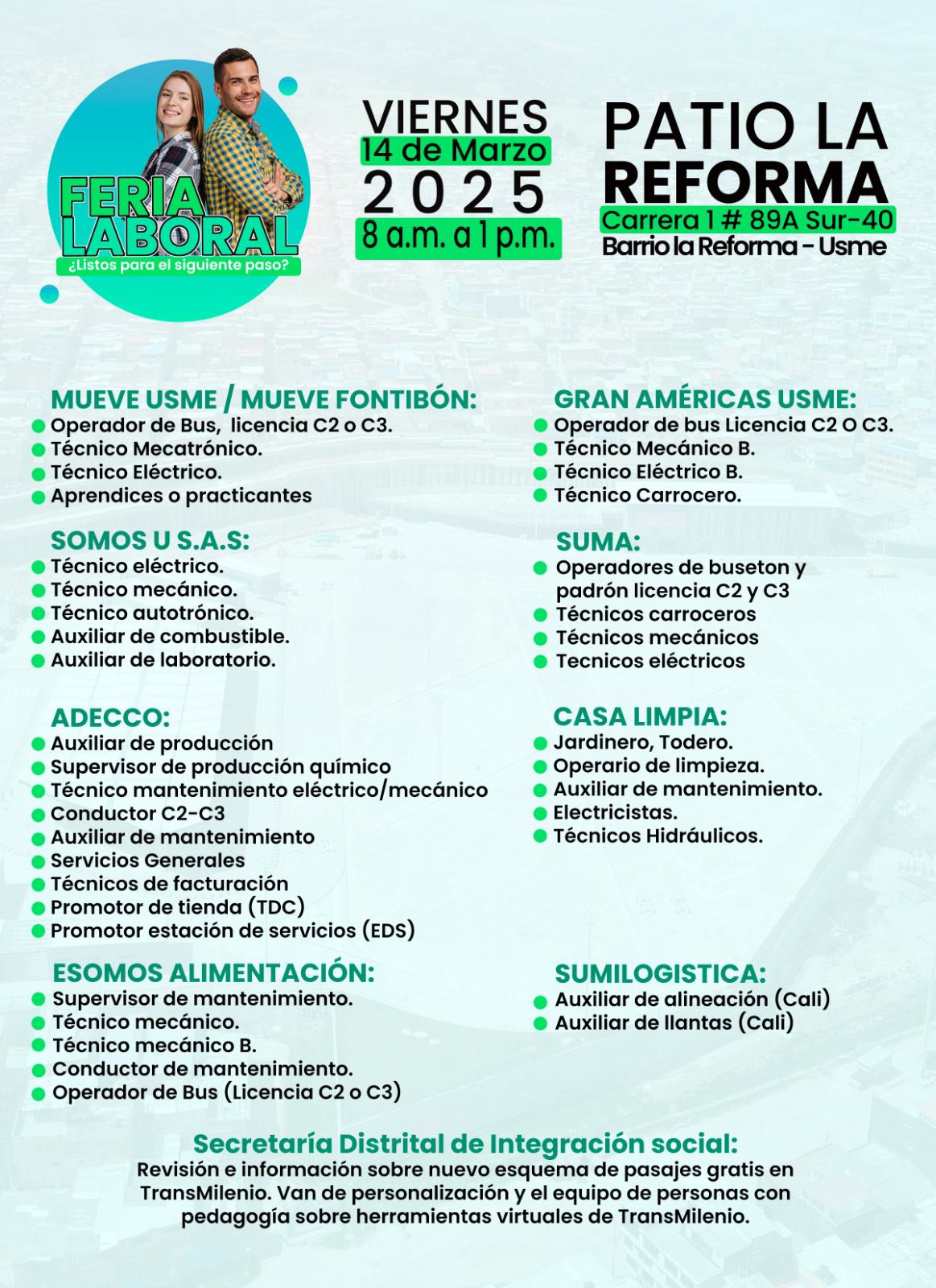 Empleo en Bogotá feria en Patio La Reforma en Usme 14 de marzo 2025