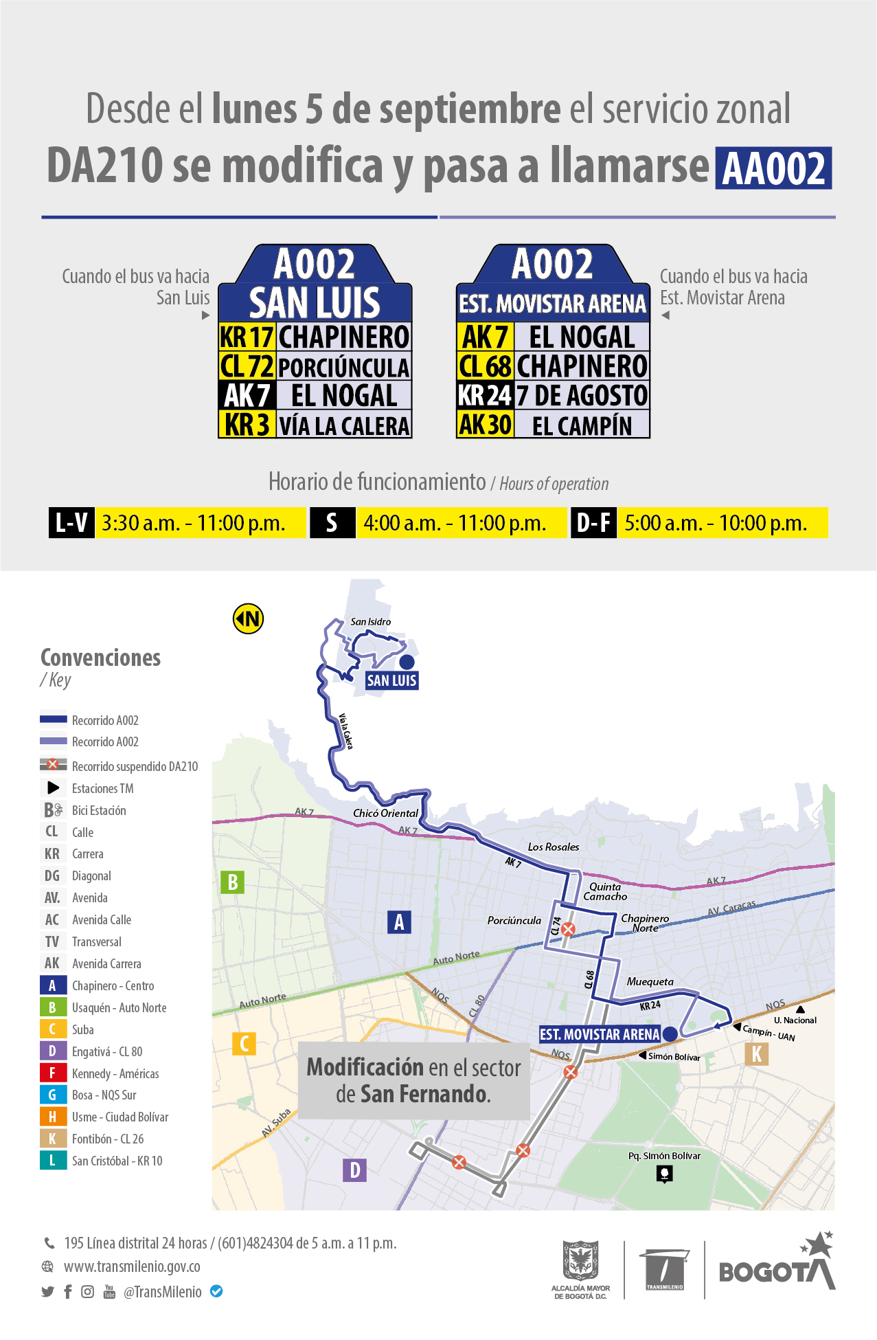 Ruta D210-A210 pasa a llamarse A002 San Luis-Estación Movistar Arena 