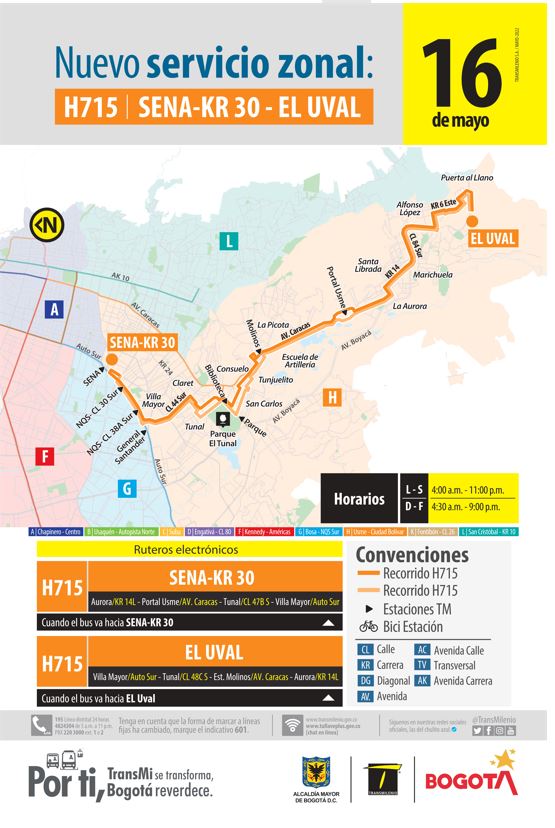 Horario y recorrido de nueva la ruta SITP H715 Sena -KR 30 - El Uval