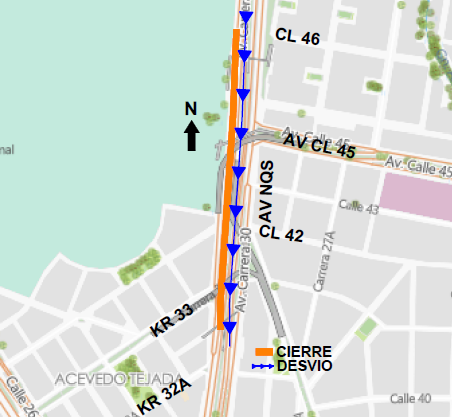 Cierre de un carril de la avenida NQS entre calle 46 y carrera 32a