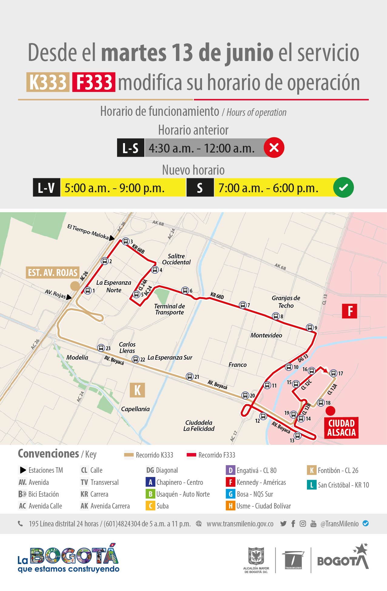 Desde el 13 de junio 2023 la ruta zonal K333 F333 modifica su horario