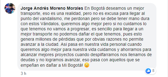 imagen de comentario de un usuario de Facebook, rechazando los actos de daño a los transmilenios