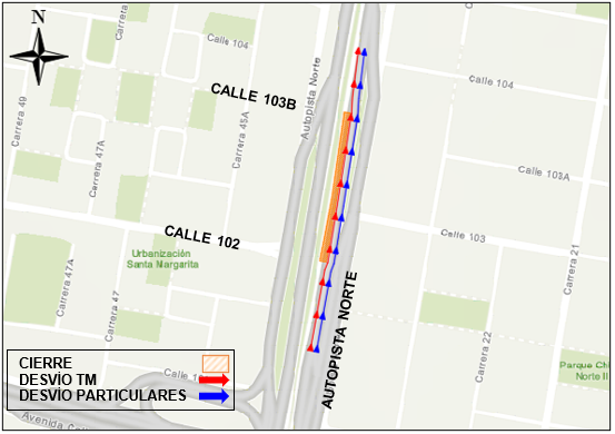 Cierre de calzada de TransMilenio de AutoNorte entre calles 102 y 103 